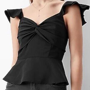EXPRESS BLACK TWIST FRONT FLUTTER SLEEVE PEPLUM TOP size XS